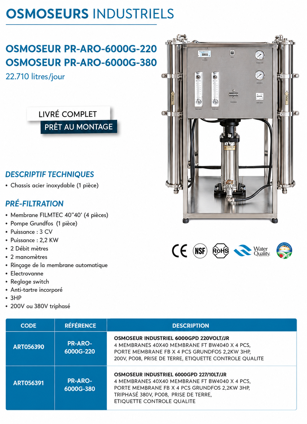 Osmoseur Industriel Aquapro PR-ARO-6000G-220 — 22 710 LitresJour, Monophasé